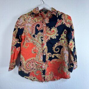 Lauren Ralph Lauren Womens Petite Medium Paisley Print Button Down Shirt Navy